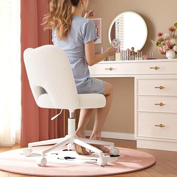 Vanity Chair with Wheels Armless, White Vanity Chair with Back,Ultra-Plush Fleece Cute Desk Chair, Small Office Chair Height Adjustable,for Make-up Room,Bedroom