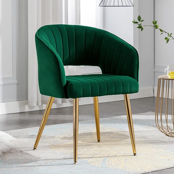 Home Office Chair Velvet Desk Chair Accent Armchair Upholstered Modern Tufted Chairs with Gold Legs for Girls Women Ergonomic Study Seat Computer Task Stools for Living Room(Green)