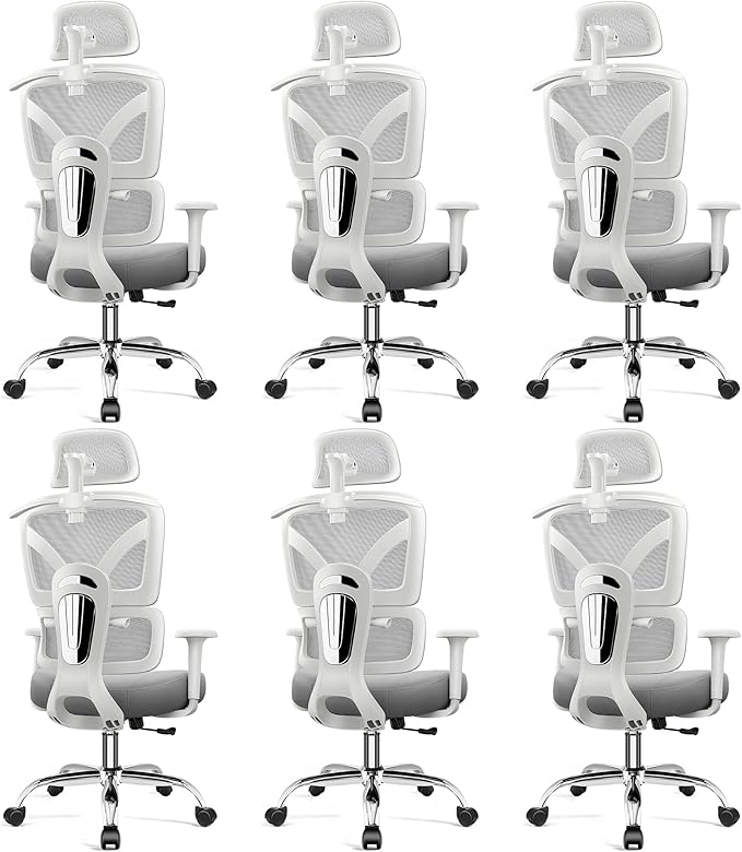 Ergonomic Office Desk Chair, High Back Mesh Office Chair with Adjustable Lumbar Support, 3D Headrest, Big and Tall Home Computer Desk Chairs Comfy for Work, Gaming, 300lbs, (Gray, 6 Pack)