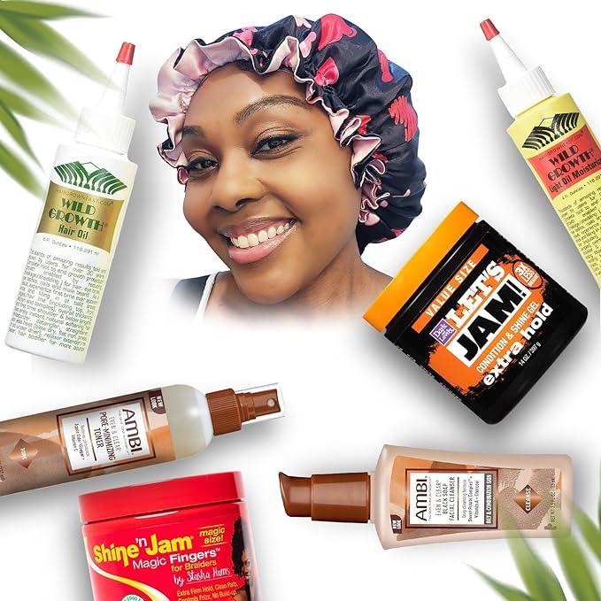 Facial Gift Set with Ambi Dry and Combination Skin Products, Includes Cocoa Butter Cleansing Bar, Pore Minimizing Toner, Complexion Facial Cleanser and Satin Bonnet