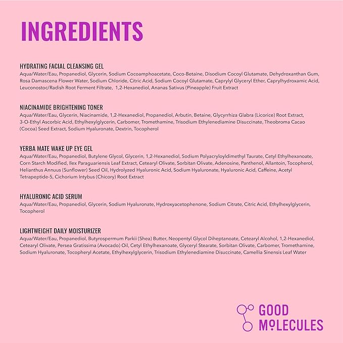 Good Molecules Daily Skincare Routine Set with Hydrating Cleanser, Niacinamide Toner, Hyaluronic Acid Serum, Moisturizer, Eye Gel, 5 Pieces