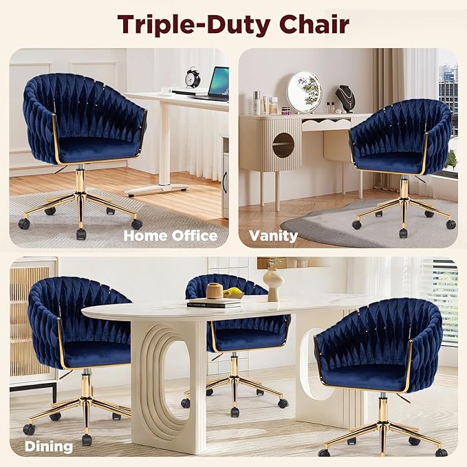 Velvet Office Chair with Back, Vanity Chairs with Wheels, 360° Swivel Velvet Home Office Desk Chair, Accent Chair Makeup Vanity Chair for Bedroom, Living Room(Blue)
