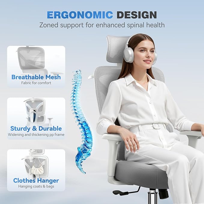 Ergonomic Office Desk Chair, High Back Mesh Office Chair with Adjustable Lumbar Support, 3D Headrest, Big and Tall Home Computer Desk Chairs Comfy for Work, Gaming, 300lbs, (Gray, 4 Pack)