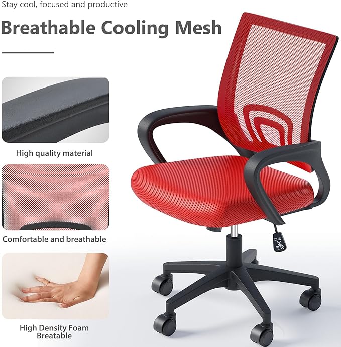 Home Office Chairs, Ergonomic Mid-Back Mesh Desk Chairs with Lumbar Support, Adjustable Swivel Rolling Design, Comfy Armrest for Work, Study, Gaming, Vanity, Red, 2 Pack