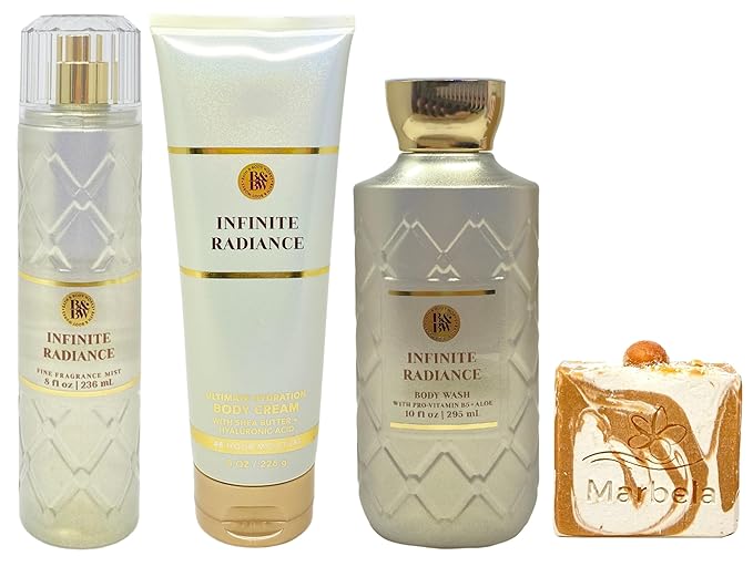 Bath & Body Works Infinite Radiance Fine Fragrance Mist, Ultimate Hydration Body Cream and Body Wash with a Peach Gardenia Bar Soap