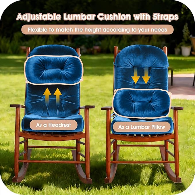Rocking Chair Cushion Indoor Large Chair Pads Set with Ties Extra Lumbar Pillow Premium Dutch Velvet High Resilience Filler Non-Slip Bottom, Dark Blue