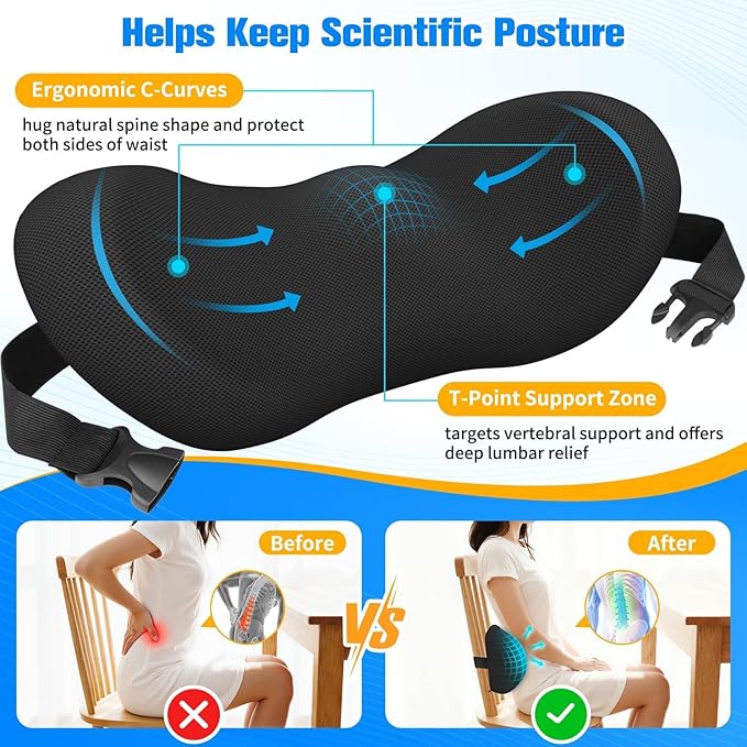 Lumbar Support Pillow for Office Chair - Memory Foam Lumbar Pillow with Detachable Strap & Breathable Cover, Ergonomic Back Support for Office Chair, Car Seat Cushion, Bed Rest (Black)