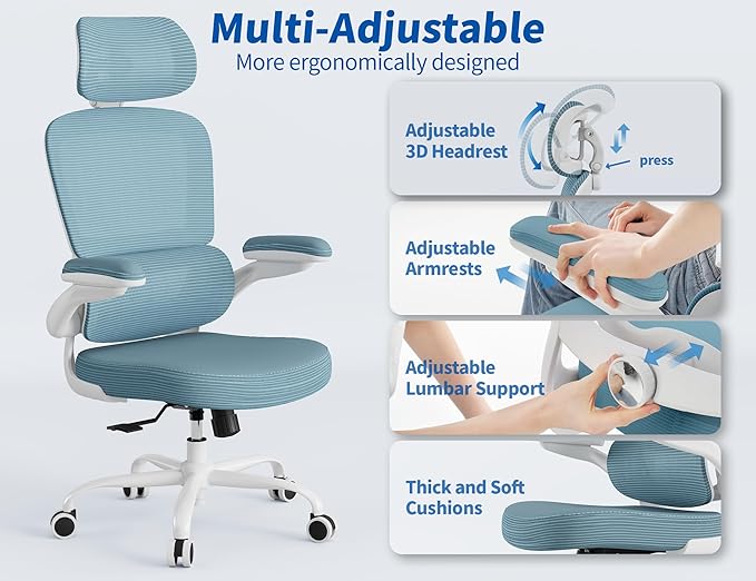 TRALT Ergonomic Office Chair - Desk Chair with Adjustable Headrest Lumbar Support Computer Chair - Mesh Comfy Chair with Flip-up Armrests - Gaming Chairs for Adults Home Office (PU Leather, Blue)