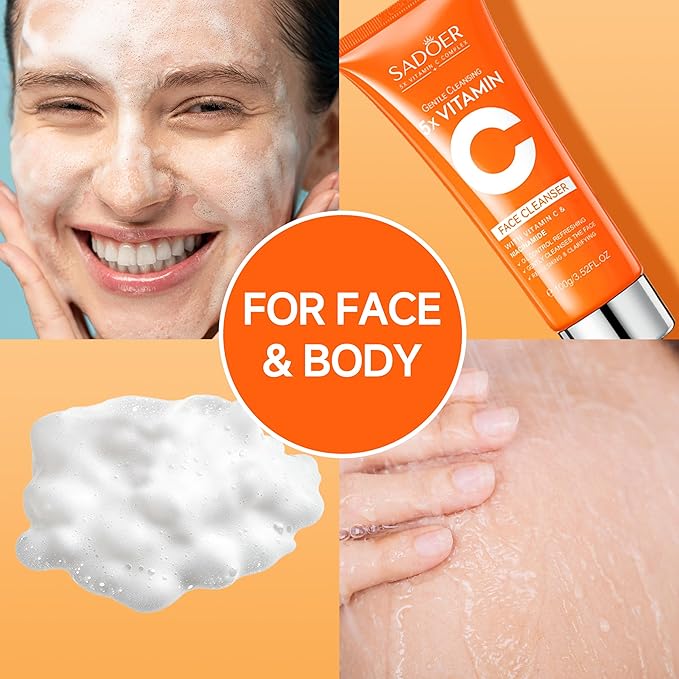 5X Vitamin C Face Cleanser 100g(2 Bottle),SADOER Facial cleanser Niacinamide & Hyaluronic Acid, Gentle Pore Refining Daily Wash for Oily &Dull Skin,Clear,Oil Balancing,TIKTOK Popular Skincare Gift