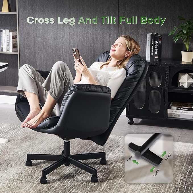 Criss Cross Chair with Armrests & Wheels for Cross-Legged Sitting, Comfortable Adjustable Swivel Office Desk Chair –PU Leather Vanity Chair for Home, Makeup and Bedroom (Black)