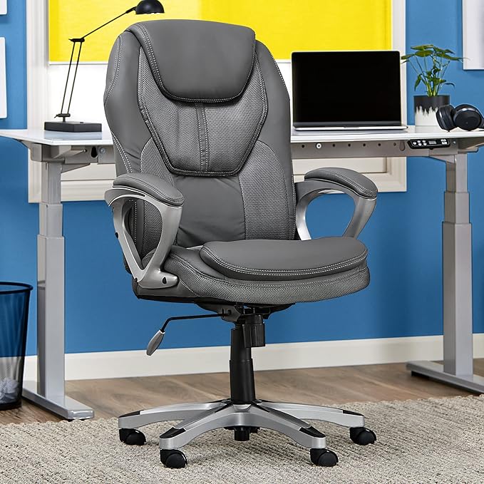 Serta Amplify Executive Office Chair with Faux Leather and Mesh, Adjustable Ergonomic Comfy Seat with Lumbar Support, Modern Computer DeskChairs, Swivel Rolling Wheels, Duo Gray