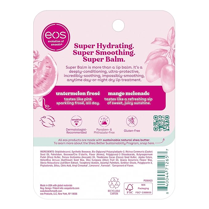 eos 24H Moisture Super Balm- Watermelon Frosé & Mango Melonade,Lip Mask,Day or Night Lip Treatment,Made for Sensitive Skin,0.35 fl oz,2 Count (Pack of 2)