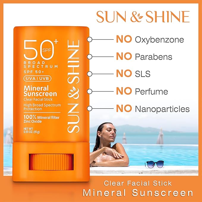 Sun & Shine clear Mineral zinc oxide STICK sunscreen SPF 50+ Sunscreen Face Stick | Vegan, Reef safe |sensitive skin Broad Spectrum Natural Sunscreen Fragrance free, Dermatologically tested