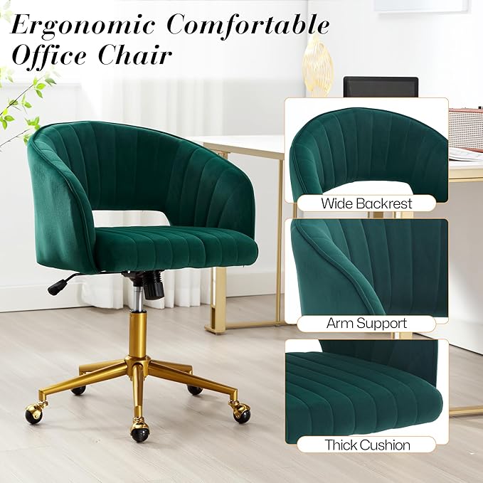 Home Office Swivel Desk Chair, Modern Velvet Vanity Chair, Height Adjustable Armchair with Gold Base, Ergonomic Office Chair for Task Study Computer Room, Dark Green
