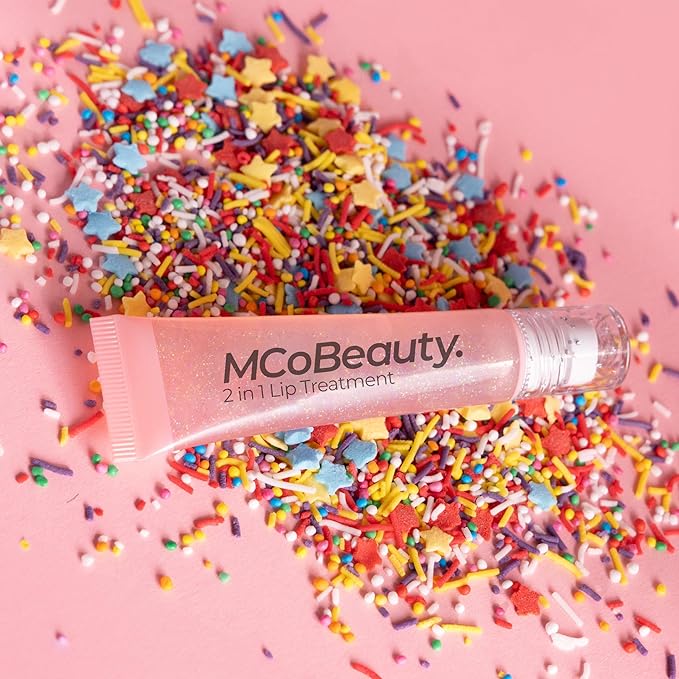 MCoBeauty Glow and Treat 2-in-1 Lip Treatment Birthday Cake - Tinted Lip Oil Squalane Roller Ball Applicator - Glossy Moisturizing Lip Balm Gloss Dry Lips - Vegan Cruelty Free Lip Care - 10ml