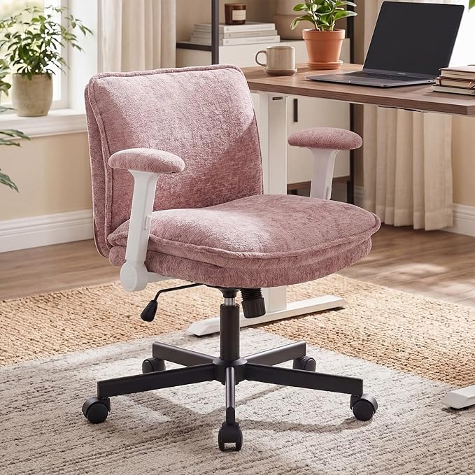 Cross Legged Office Chair, Height Adjustable Swivel Desk Chair with Flip-Up Arms, Padded Criss Cross Chair for Home Office & Bedroom