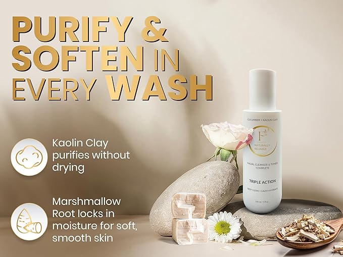 Finally All Natural Dual Action Face Wash & Toner, Cucumber Kaolin Clay, Natural Cleanser with Bakuchiol, 5 FL OZ, for All Skin Types. Face Wash for Women & Men