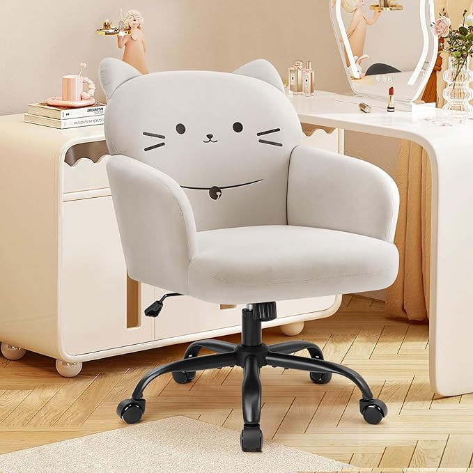 IWMH Home Office Chair Wide Seat Desk Chair Cute Velvet Swivel Vanity Chairs Cat Themed Computer Task Chairs with Wheels Upholstered Modern Accent Armchair for Living Room Bedroom Study Makeup White
