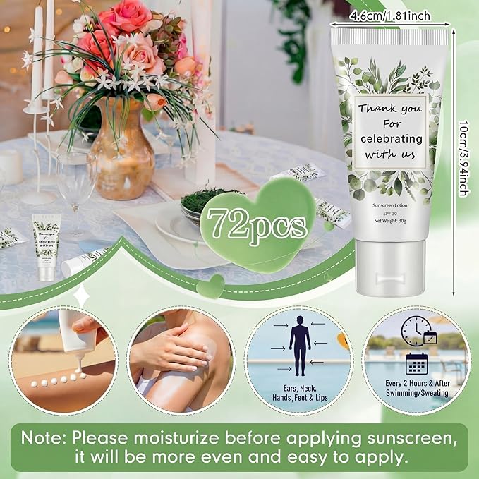 72 Pcs Mini Sunscreen Bulk for Summer Party Wedding SPF 30 Water Resistant Sunscreen Lotion Bulk 1oz Travel Size for Thank You Gifts Wedding Party Supplies (Eucalyptus)