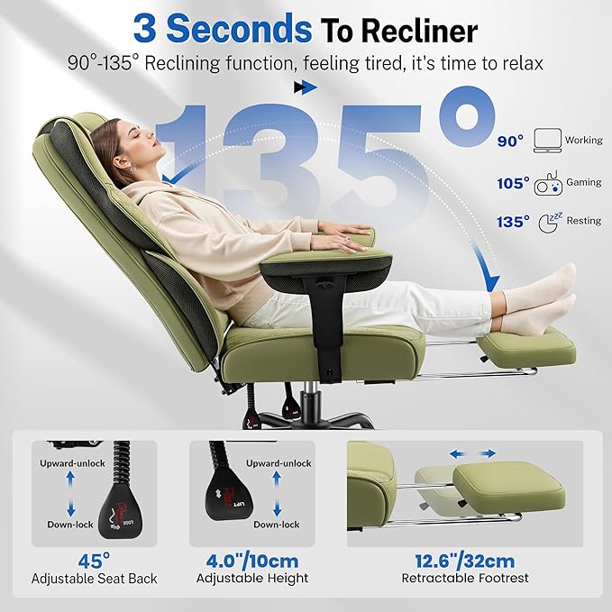 FelixKing Big and Tall Office Chair 500lbs - Ergonomic Desk Chair with Footrest, Scratch-Resistant PU Leather Computer Chair, 4D Lumbar Support Gaming Chair, Comfy Reclining Swivel Work Chair, Green