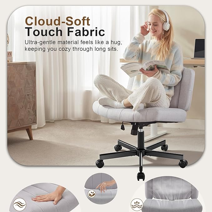 Criss Cross Chair with Wheels - Wide Seat Cross Legged Office Chair with Flip-up Arms - Comfy Swivel Rolling Desk Chair with Thick Cushion and Rocking Function for Home Office Vanity Bedroom