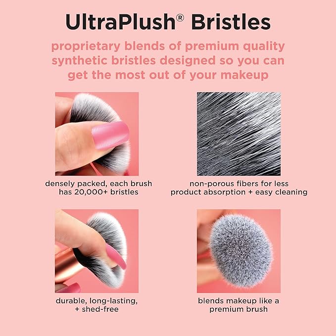 Real Techniques Double Time Brush + Lash 4 Piece Set, Dual-Ended Eye Makeup Brushes For Eyeshadow & Brows, Travel-Friendly Brush Caps For Storage, Eyelash Curler Included, Cruelty-Free