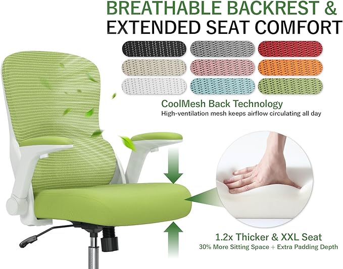 Office Chair Ergonomic Desk Chair Comfy: 400LBS Mesh Computer Chair Ergonomic Gaming Chairs with Wheels Adjustable Lumbar Support and Flip up Armrest-Swivel Executive Chairs Long Hours(Green)