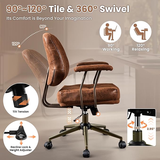 ovios Ergonomic Office Chair, Mid Back Faux Leather Executive Chairs with Thick Cushion, Comfy Mid-Century Modern Swivel Rolling Computer Armchair (Dark Brown, Suede Leather)