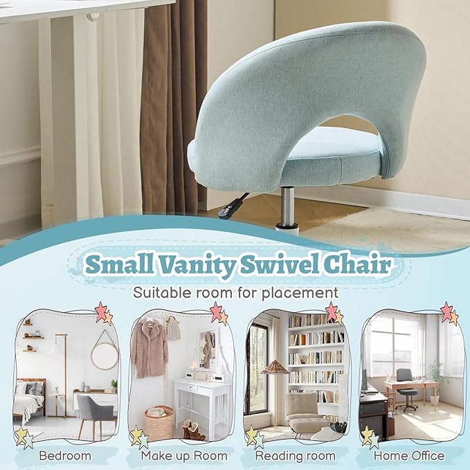 VINGLI Small Vanity Chair with Wheels for Girls.Cute Modern Adjustable Height Armless Office Desk Chair.360°Swivel Comfy Rolling Chair for Study, Make up Room,Small Space,Linen Light Blue