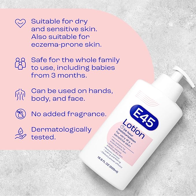 E45 Moisturising Lotion for Very Dry, Sensitive Skin, 24 Hour Moisturizer, Fragrance-Free Formula, Protect from Dryness, Reduce Redness, Dermatologically Tested, 16.9 fl oz (500ml)