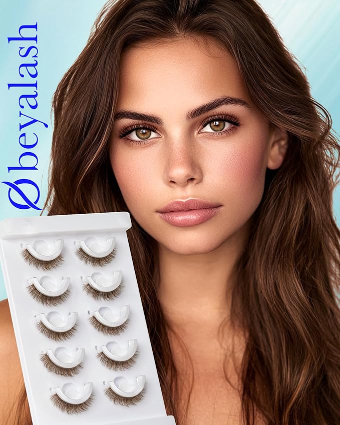 Brown Waterproof Reusable Self Adhesive Eyelashes 5 Pairs Stick on False Eyelashes, Pre Glued Lashes, No Glue Needed, Wispy Glueless Lashes Reusable Self Adhesive False Eyelashes (Brown 864)