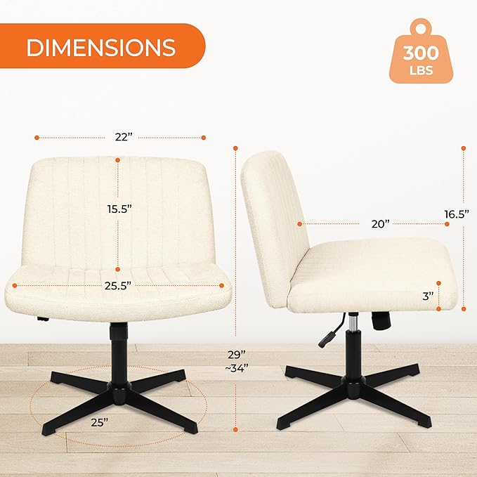 NEO Chair Criss Cross Chair No Wheels Armless Cross Legged Office Desk Wide Comfy Vanity Makeup Chair Adjustable Computer Task for Home Office Fabric (Beige)
