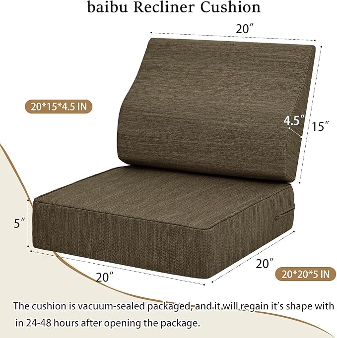 baibu Gel Memory Foam Recliner Cushions with Lumbar Support Pillow for Elderly, 20x20x5 Inch Thick Dual-Layer Design Non-Slip Seat Cushion for Recliner Chair for Reduce Hip & Lumbar Pain, Brown