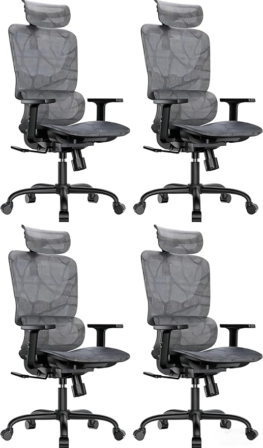 HUANUO Ergonomic Mesh Office Chair with 5-Level Lumbar Support, Computer Gaming Chair with Adjustable Headrest & Armrests, Rocking Tilt, Comfortable High Back Desk Chair for Home Office,4 Pack
