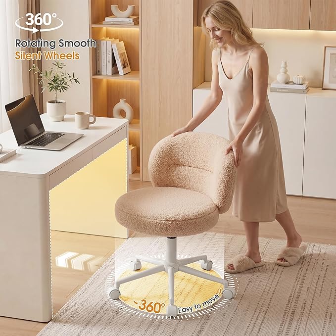 Small Round Vanity Chair with Back, Armless Home Office Desk Chairs, Height Adjustable & 360° Swivel, Cute Comfy Vanity Computer Chair for Bedroom, Home Office, Yellow
