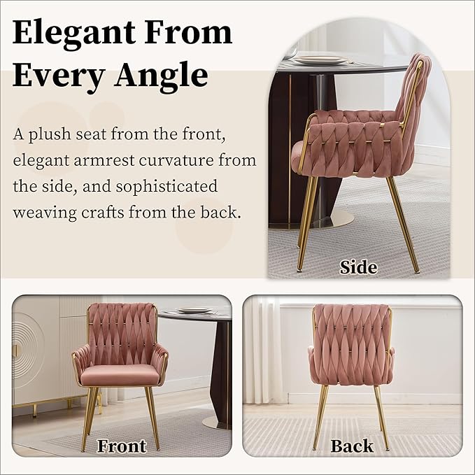Westice Home Office Desk Chair, Upholstered Hand Weaving Desk Chairs with Golden Metal Legs & Armrest, Modern Accent Chairs for Living Room, Vanity Makeup Room, Rose Red