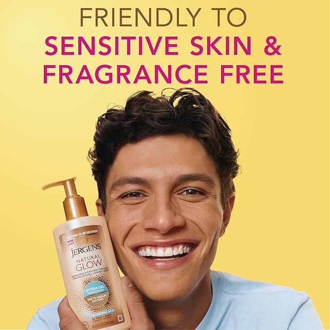 Jergens Natural Glow Hydra Gel Moisturizer, Hyaluronic Acid Tanning Lotion, Hydrating Tanning Gel, Fragrance-Free Self Tanner, Fair to Medium Skin Tones, 8.3 Fl Oz