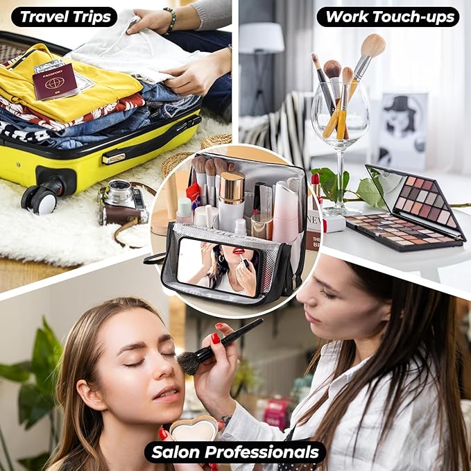Standing Makeup Bag Organizer with 6 Brush Guards, Large Portable Makeup Organizer Bag for Travel, Stand Up Cosmetic Case with Brush Protectors (Purple)