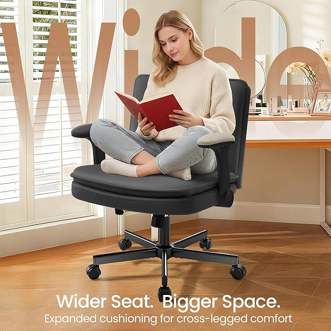 Criss Cross Office Chair with Wheels - PU Leather Wide Criss Cross Desk Chair with Flip-up Arms and Thick Cushion - Comfy Tilting Swivel Rolling Vanity Chair for Home Office Bedroom Apartment