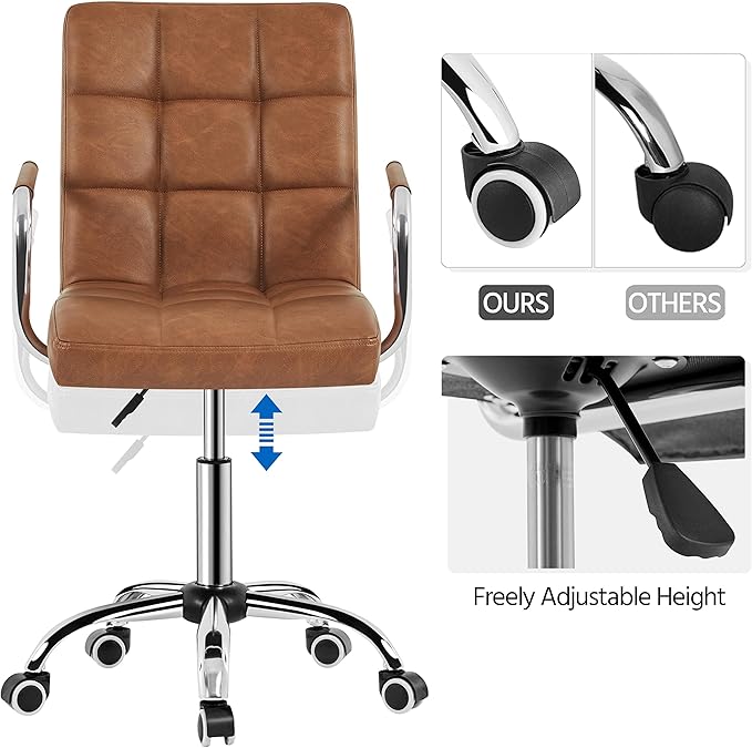 Yaheetech PU Leather Comfortable Office Desk Chair Mid Back Height Adjustable Computer Swivel Chair w/Armrests, Retro Brown