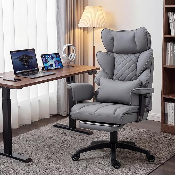 Dowinx Big and Tall Office Chair with Pocket Spring Cushion,High Back Computer Gaming Chairs with Adjustable Armrests and Lumbar Support,Executive Desk Chairs with Footrest(PU Leather,Grey)