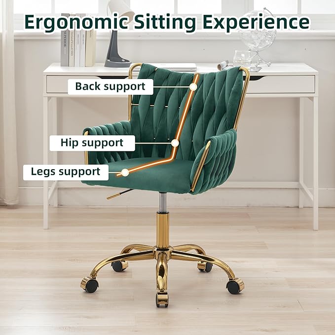 ABET Velvet Desk Chair with Wheels, Cute Upholstered Swivel Office Chair, Modern Gold Rolling Hand Woven Height Adjustable Armchair for Women Girls Home Makeup, Vanity, Nail Salon, Dark Green