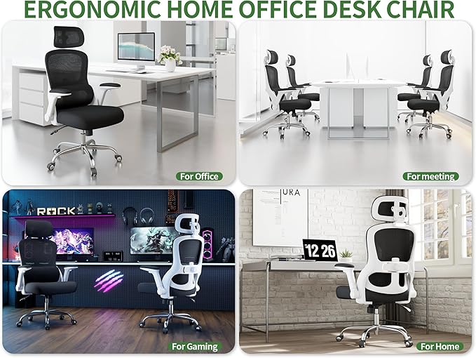 Office Chair - Ergonomic Desk Chair with Adjustable Headrest Lumbar Support Computer Chair - Mesh Comfy Chairs with Flip-up Armrests - Big and Tall Gaming Chairs for Adults Home Office(White Black)