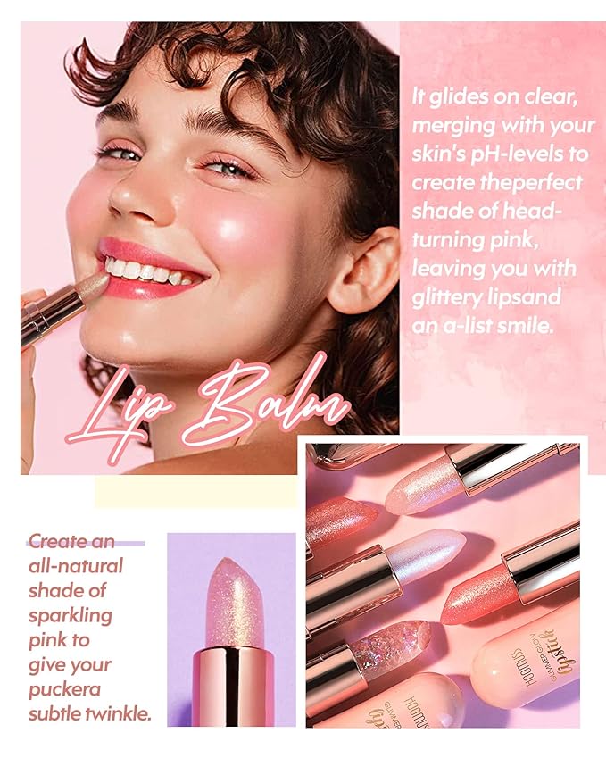 Glimmer Balm Tinted Lip Balm Moisture Hydrate lipsticks PH Lipstick, Color Changing Lipstick Natural Chapstick Glitter Pink Lip Gloss (Rainbow)