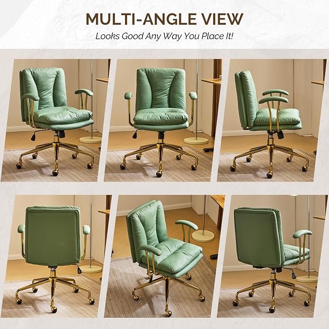 VINGLI Home Office Desk Chair Comfy with Wheels & Removable Armrests,Gold Base Vanity Chair with Back,Adjustable Rolling Swivel Computer Task Chair for Study,Makeup,Office,Cat Scratch PU,Green