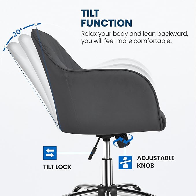 Yaheetech Modern Office Desk Chair Vanity Chair Comfy Upholstered Swivel Rolling Computer Armchair for Makeup Room Living Room Bedroom Dark Gray