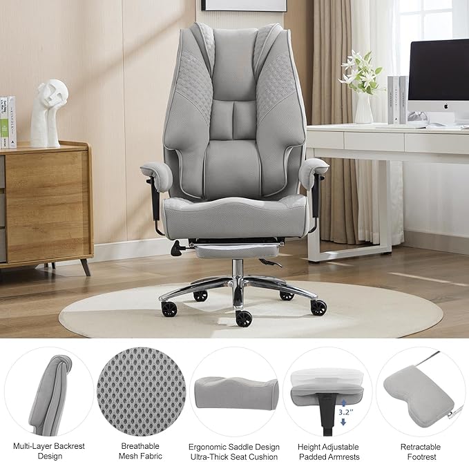 Big and Tall Office Chair 400lbs Wide Seat, Leather High Back Executive Office Chair with Foot Rest, Ergonomic Chairs Lumbar Support for Lower Back Pain Relief (Mesh Dove Grey)