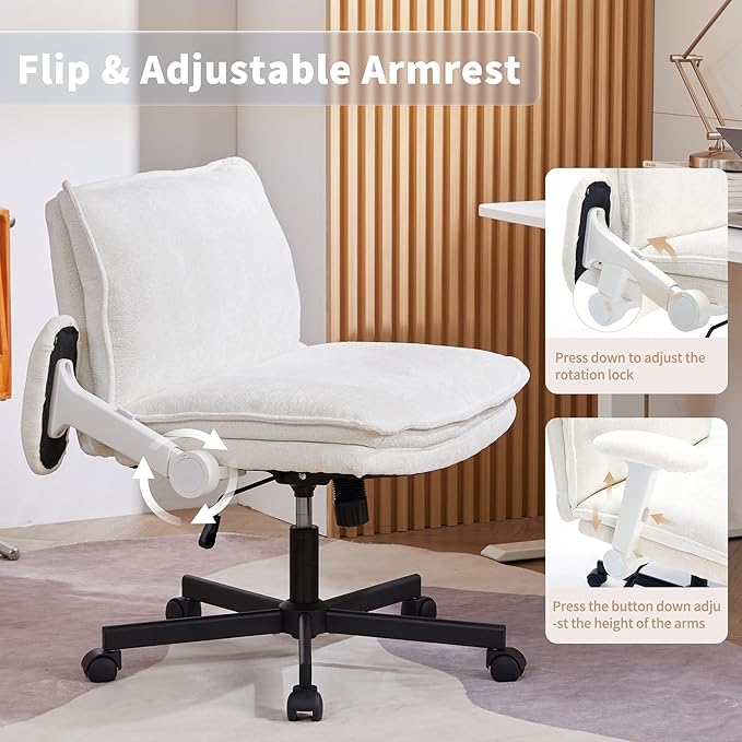 Cross Legged Office Chair, Height Adjustable Swivel Desk Chair with Flip-Up Arms, Padded Criss Cross Chair for Home Office & Bedroom