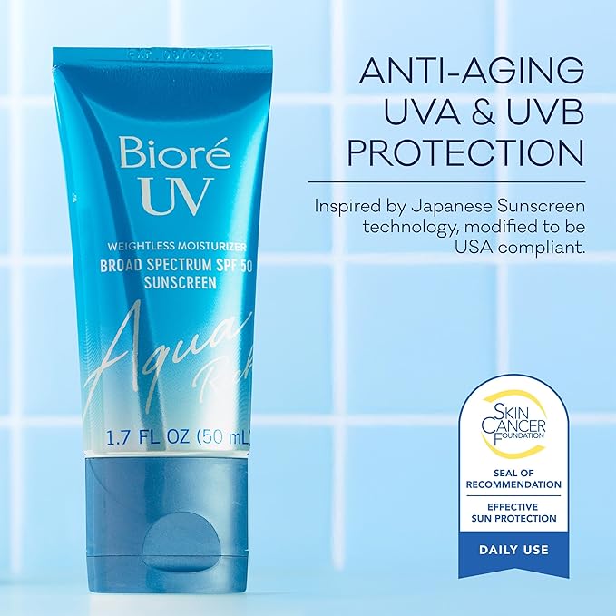 Biore UV Aqua Rich Daily Hydrating Facial Moisturizer with SPF 50 | Oil Free Sunscreen & Primer for Makeup with Hyaluronic Acid, No White Cast, Non-Comedogenic, For Sensitive Skin, PA++++, 1.7 Oz