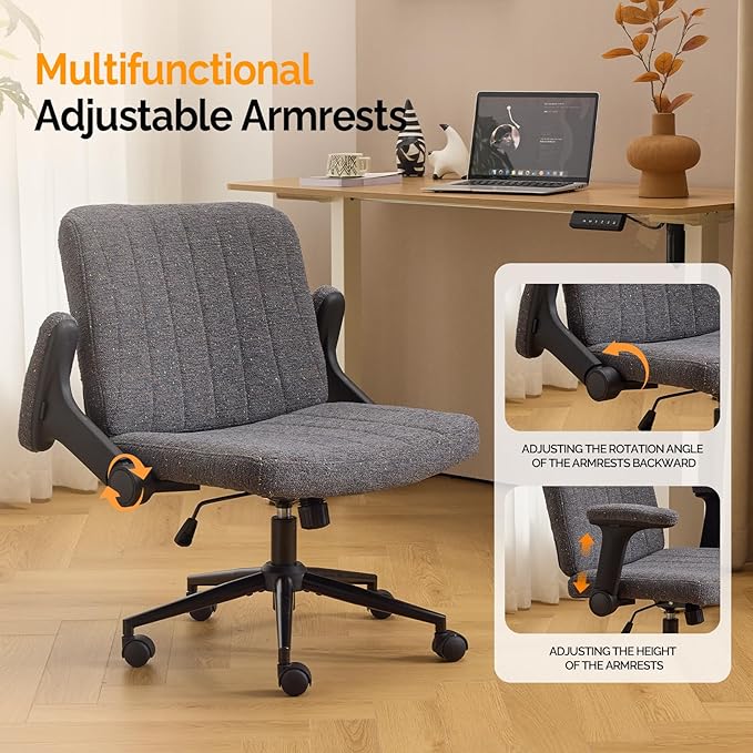 VINGLI Criss Cross Chair with Adjustable Flip-Up Arms,Cross Legged Chair with Wheels,Extra Wide Office Chair,Desk Chair for Home Office,Vanity,Bedroom, Apartment,Starry Chenille,Dark Grey